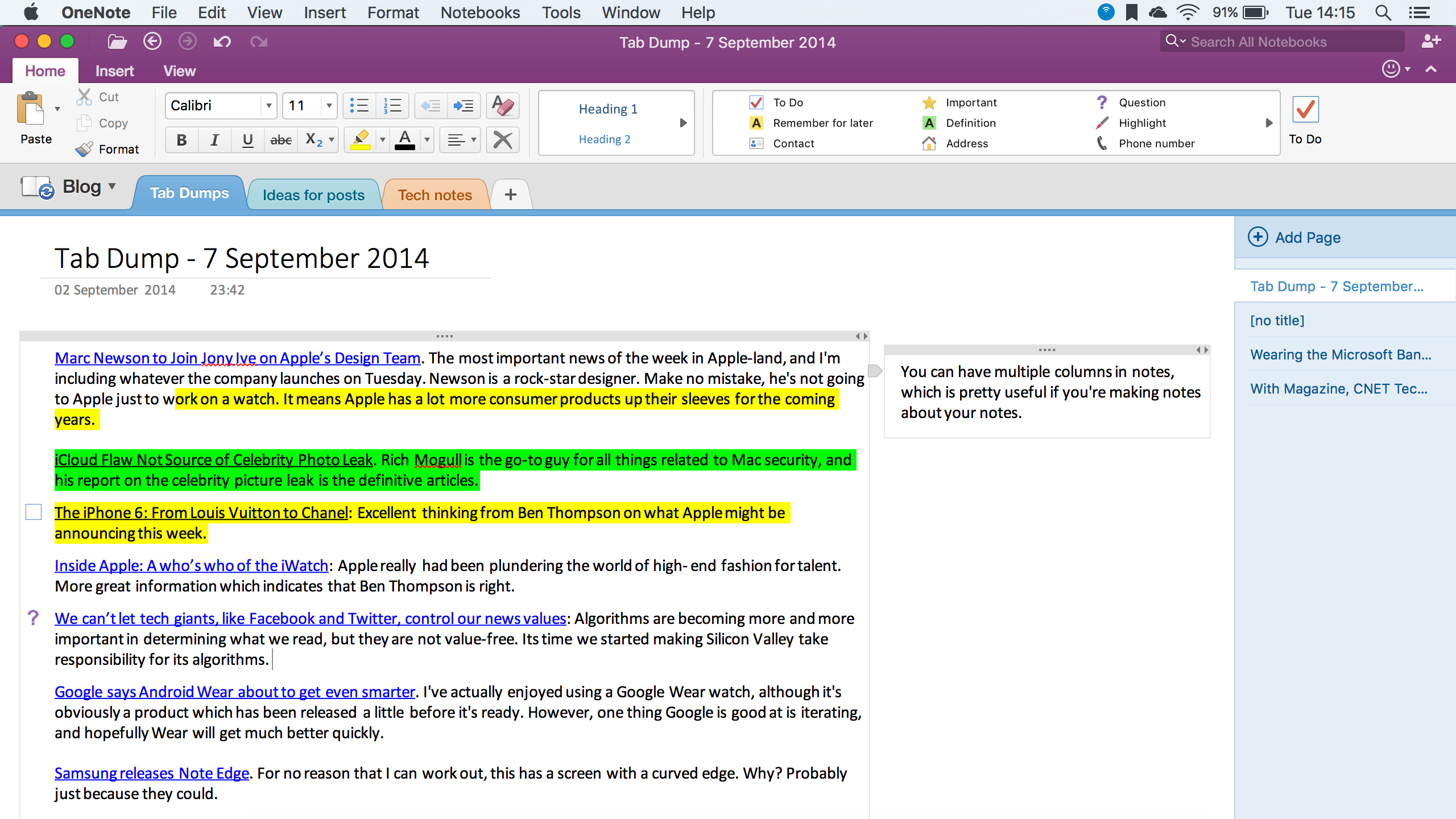 columns in onenote for mac