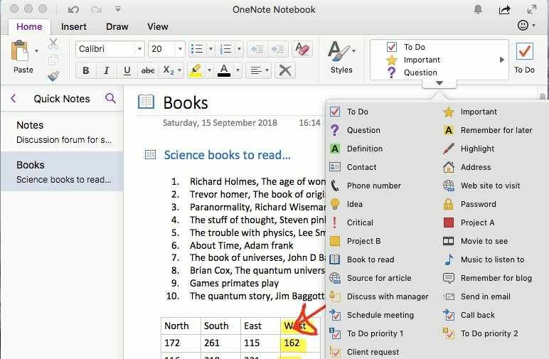 columns in onenote for mac